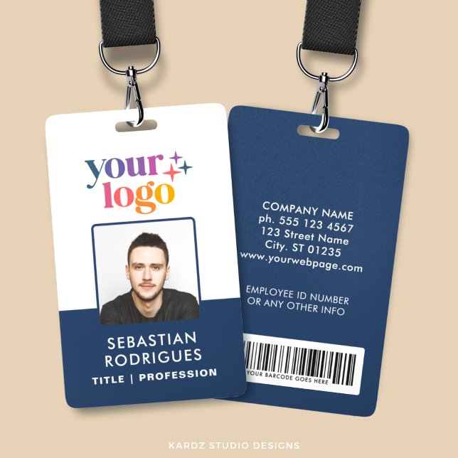 Tarjeta De Identificación Personalizado Nombre azul Logotipo Foto Código de  (Personalize this double sided badge with logo, name, title, barcode and business info.)