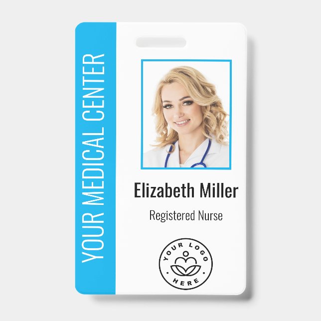 Tarjeta De Identificación Personalizado profesional médico Foto y texto azul (Front)