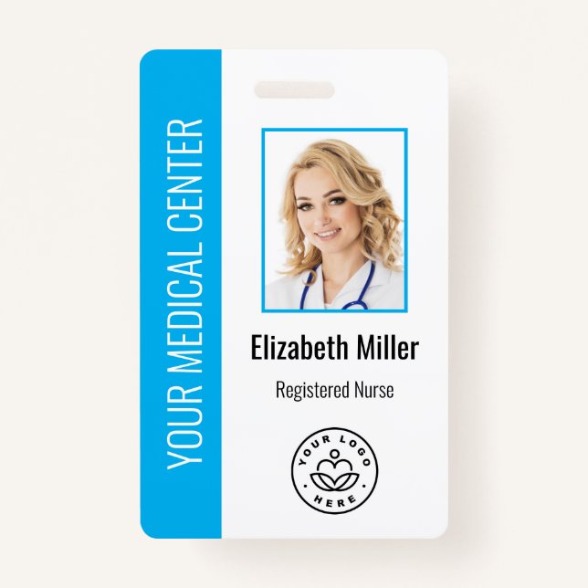 Tarjeta De Identificación Personalizado profesional médico Foto y texto azul (Anverso)