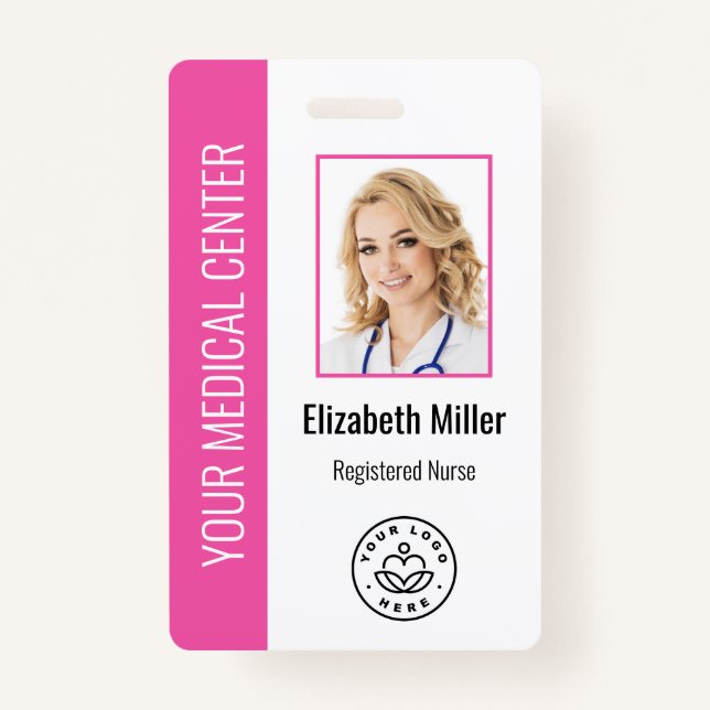 Tarjeta De Identificación Personalizado profesional médico Foto y texto rosa (Anverso)