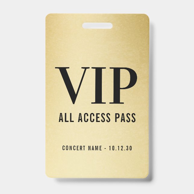 Tarjeta De Identificación Personalizado VIP All Access Concert Faux Gold (Anverso)