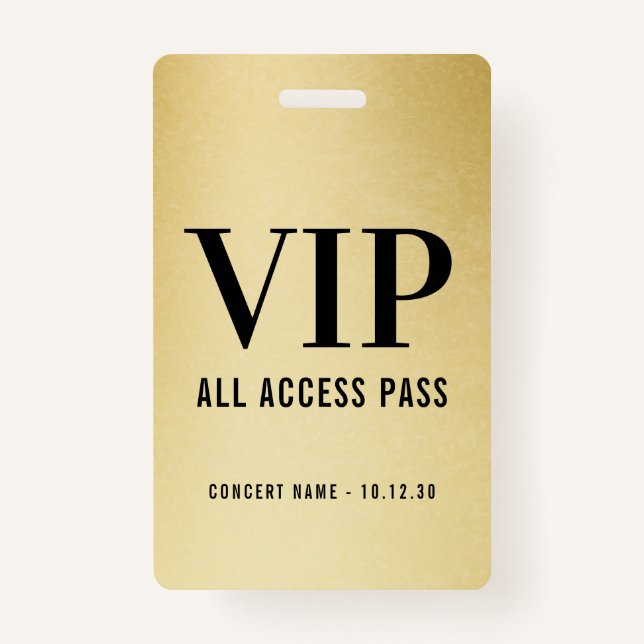 Tarjeta De Identificación Personalizado VIP All Access Concert Faux Gold (Anverso)