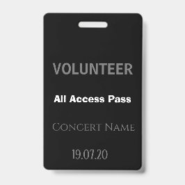 Tarjeta De Identificación Personalizado Voluntario Negro Concierto de Pases 