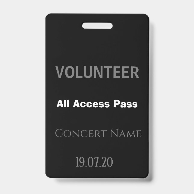 Tarjeta De Identificación Personalizado Voluntario Negro Concierto de Pases  (Parte frontal)