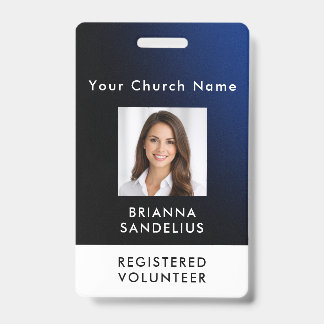 Tarjeta De Identificación Personalized Modern Blue Church Volunteer Photo ID
