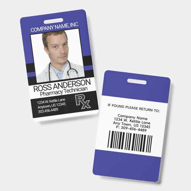Tarjeta De Identificación Pharmacy - Blue, Black and White Badge (Parte frontal y trasera)