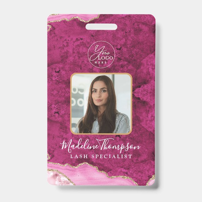 Tarjeta De Identificación Pink Agate Marble Business Logo Company ID (Front)