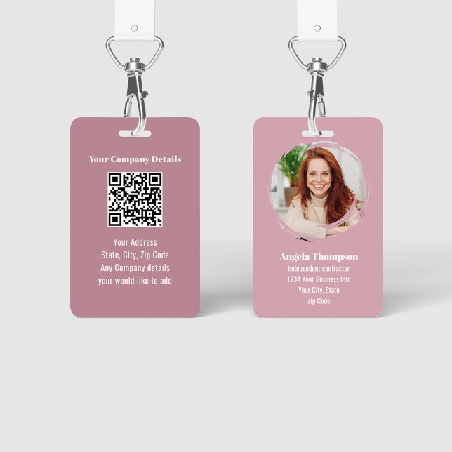 Tarjeta De Identificación Pink Modern Photo QR Code Employee (Pink business photo ID Badge with QR code template.)