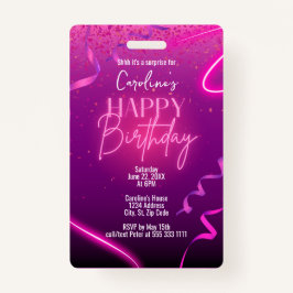 Tarjeta De Identificación Pink Purple Confetti Neon Surprise Party Birday