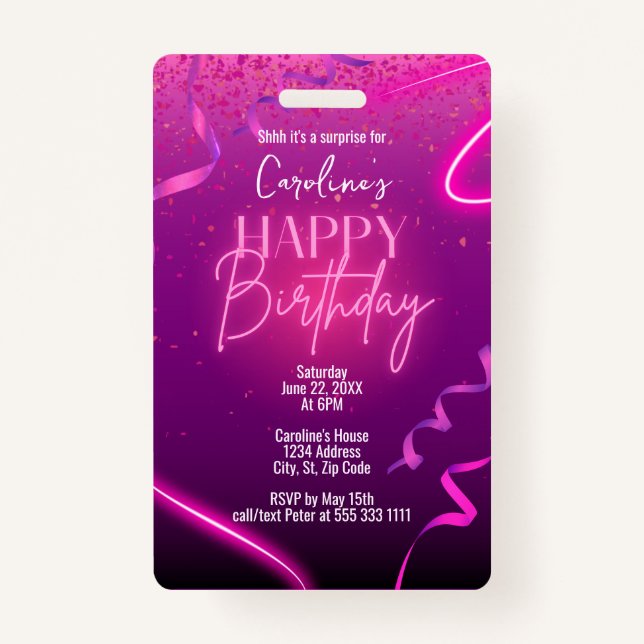 Tarjeta De Identificación Pink Purple Confetti Neon Surprise Party Birday (Anverso)