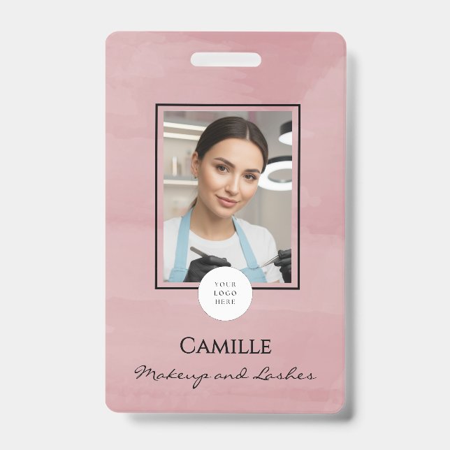 Tarjeta De Identificación Pink Script Logo Photo Makeup Badge (Anverso)