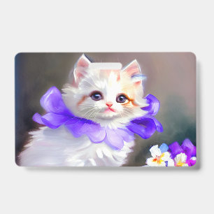 Tarjeta De Identificación Pintura de gato blanco con collar de flor púrpura