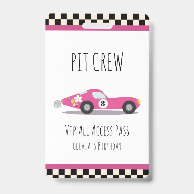 Tarjeta De Identificación Pit team Race Car Birday Party Pit Crew VIP Pass (Parte frontal)