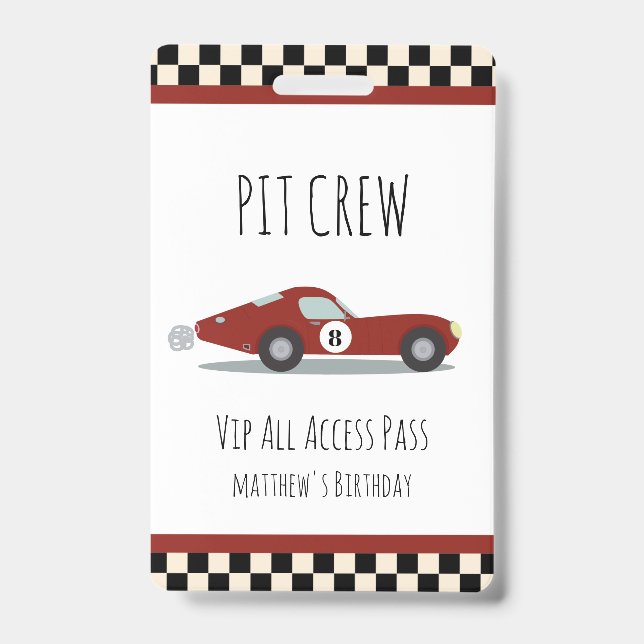 Tarjeta De Identificación Pit team Race Car Birday Party Pit Crew VIP Pass (Parte frontal)