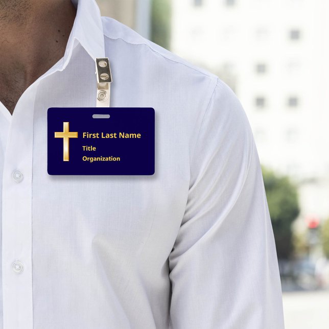 Tarjeta De Identificación Placa de identificación con cruz de oro cristiana (Modern name badge with gold cross. Perfect for events & meetings. Customize text & attachment style.)