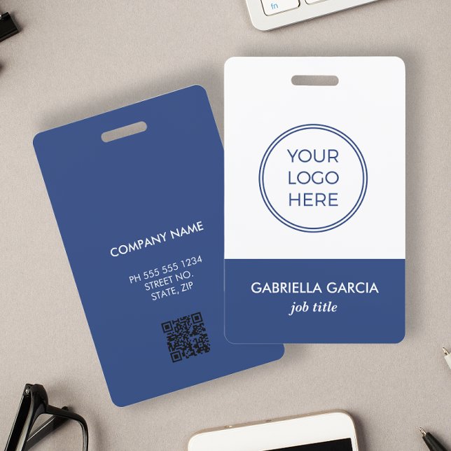 Tarjeta De Identificación Placa de identificación corporativa azul para empl (Personalize this double sided badge with logo, name, title, QR Code and business info.)