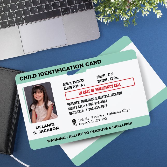 Tarjeta De Identificación Placa de identificación de emergencia personalizad (Custom Child Emergency Photo ID Badge for Kids- Green )