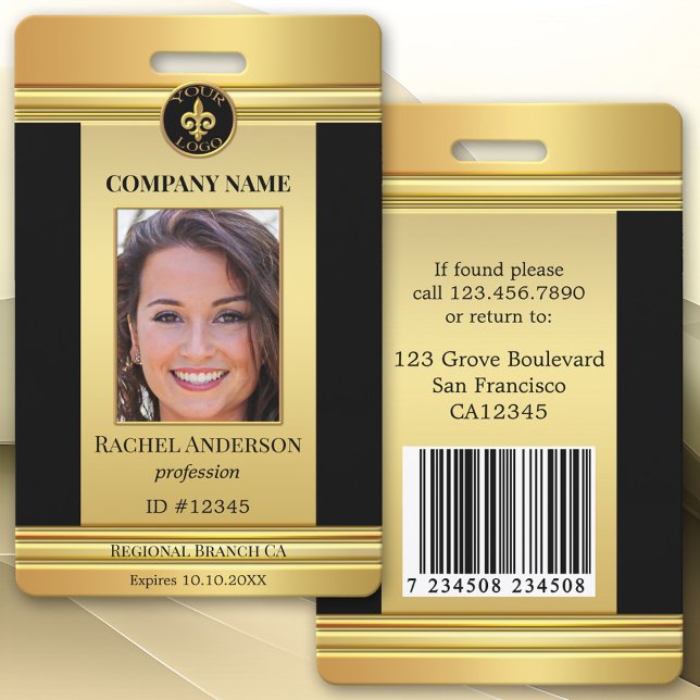 Tarjeta De Identificación Placa de identificación de empleado con foto Chic  (Elegant gold and black design photo ID badge with your custom photo, logo, QR code or bar code)