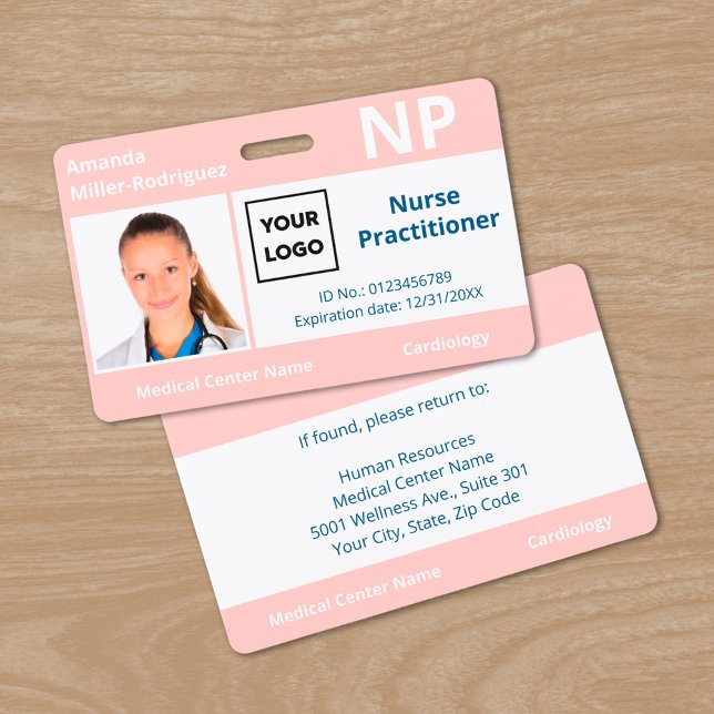 Tarjeta De Identificación Placa de identificación fotográfica rosa con logot (Custom Hospital Employee Logo Pink Photo ID Badge, front/back)