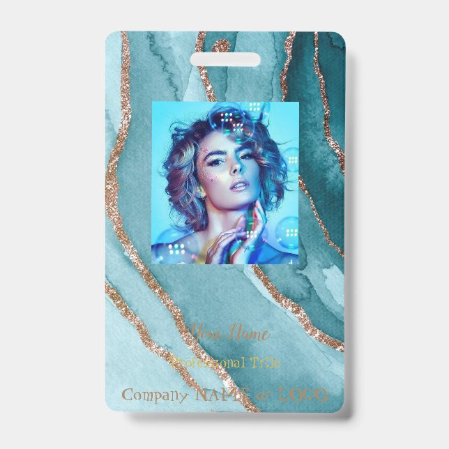Tarjeta De Identificación Placa de nombre de mármol azul turquesa dorado per (Parte frontal)