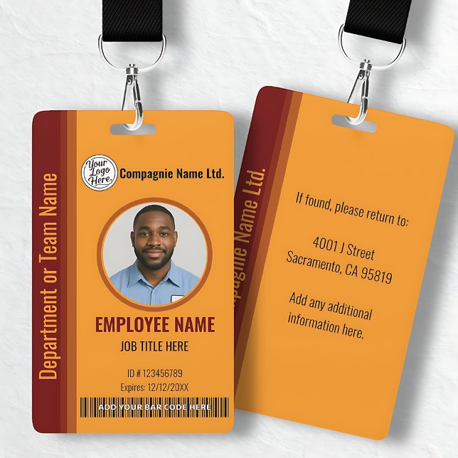Tarjeta De Identificación Placa identificativa personalizable naranja con fo (Orange Customizable Company ID Badge with Photo)