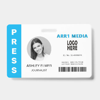 Tarjeta De Identificación Plantilla de foto azul de ID de empleado de prensa
