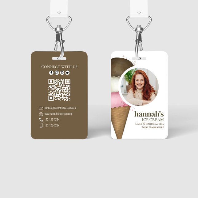 Tarjeta De Identificación Plantilla de fotografía de código QR para crema de (Business photo ID Badge, ice cream shop.)