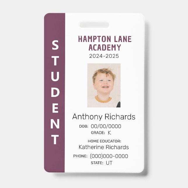 Tarjeta De Identificación Plum Stripe vertical Homeschool Student ID Badge (Anverso)
