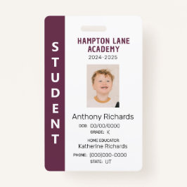 Tarjeta De Identificación Plum Stripe vertical Homeschool Student ID Badge