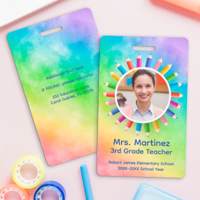 Tarjeta De Identificación Pluma de arcoíris Identificación del profesor con  (Teacher Badge)