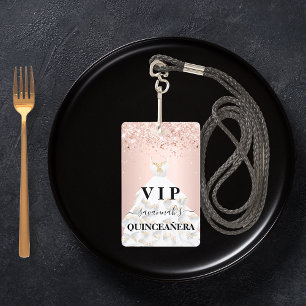Tarjeta De Identificación Polvo de brillo de rosa oro Quinceanera nombre vip