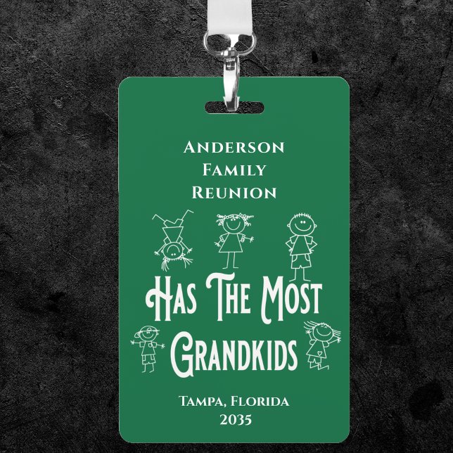 Tarjeta De Identificación Premio a los abuelos de la reunión con más nietos (Has the most grandkids family reunion prize badge. Proudly wear this at your next reunion. )
