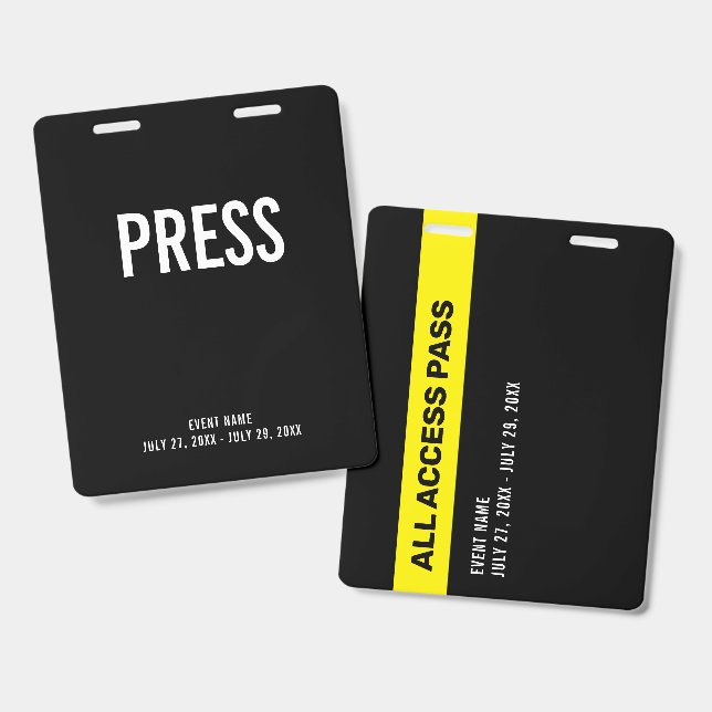 Tarjeta De Identificación Press All Access Pass Event Coverage ID (Parte frontal y trasera)