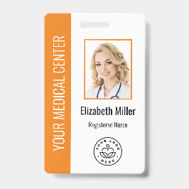 Tarjeta De Identificación Profesional Médico Foto y Texto Naranja Personaliz