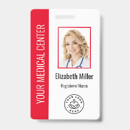 Tarjeta De Identificación Profesional Médico Foto y Texto Personalizado Rojo