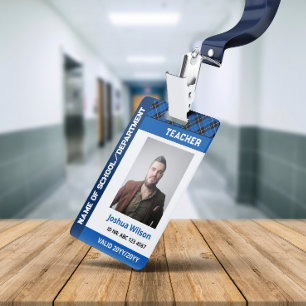 Tarjeta De Identificación Profesor de escuela con foto de Blue Plaid