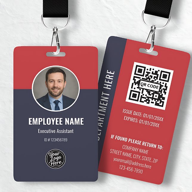 Tarjeta De Identificación Professional Navy Blue Red Custom Employee ID (Professional Navy Blue Red Custom Employee ID Badge)