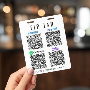 Tarjeta De Identificación Propina Venmo PayPal CashApp Zelle Código QR Jarra