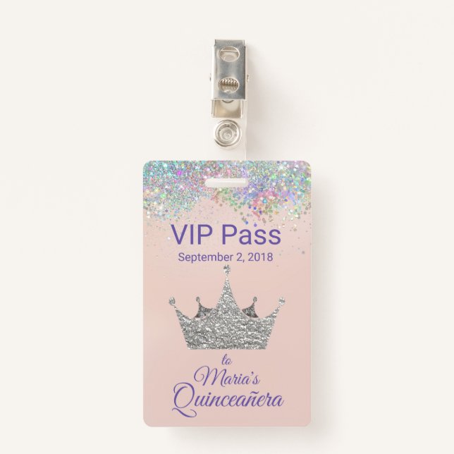 Tarjeta De Identificación Purpurina colorido Silver Crown Quinceañera VIP (Anverso con clip)