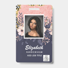 Tarjeta De Identificación Purpurina de flores VIP PASS Girly, empleado de FO