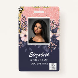 Tarjeta De Identificación Purpurina de flores VIP PASS Girly, empleado de FO