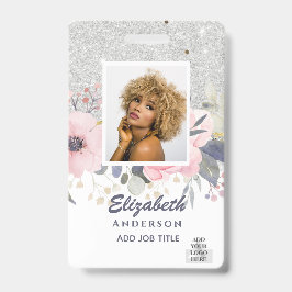 Tarjeta De Identificación Purpurina de flores VIP PASS Girly, empleado de FO