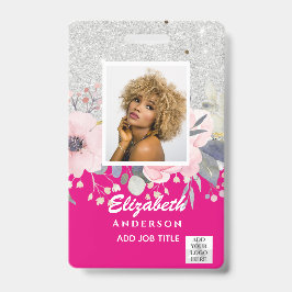 Tarjeta De Identificación Purpurina de flores VIP PASS Girly, empleado de FO