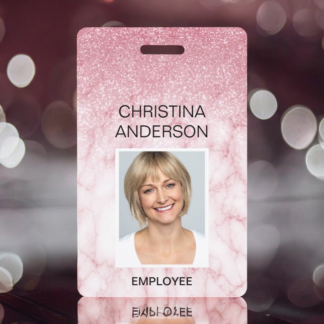Tarjeta De Identificación Purpurina De Mármol Rosa Nombre De Empleado Foto E (Subido por el creador)
