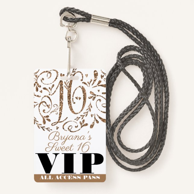 Tarjeta De Identificación Purpurina de oro Glam Sweet 16 Birthday Party VIP  (Anverso son cordón)