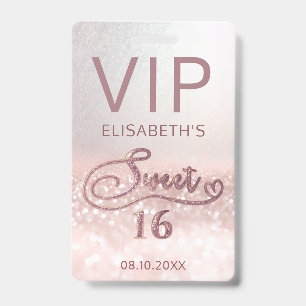 Tarjeta De Identificación purpurina de oro Rosa escritura oscura Sweet 16 VI