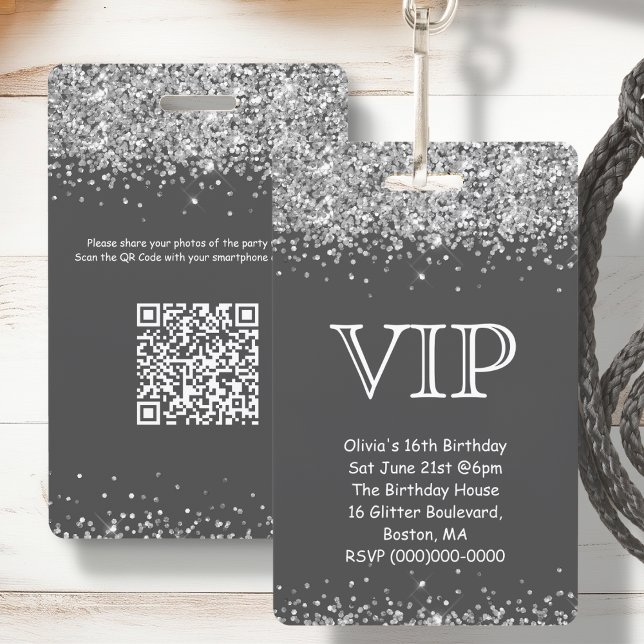 Tarjeta De Identificación Purpurina gris y plateado | Invitación de cumpleañ (Subido por el creador)