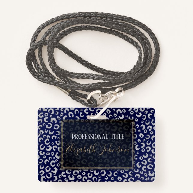 Tarjeta De Identificación Purpurina Leopardo Blue Silver elegante impresión  (Anverso son cordón)