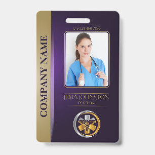 Tarjeta De Identificación QR Code Security ID Purple & Gold Employee Photo