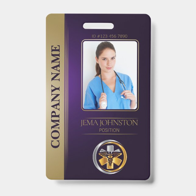 Tarjeta De Identificación QR Code Security ID Purple & Gold Employee Photo (Parte frontal)
